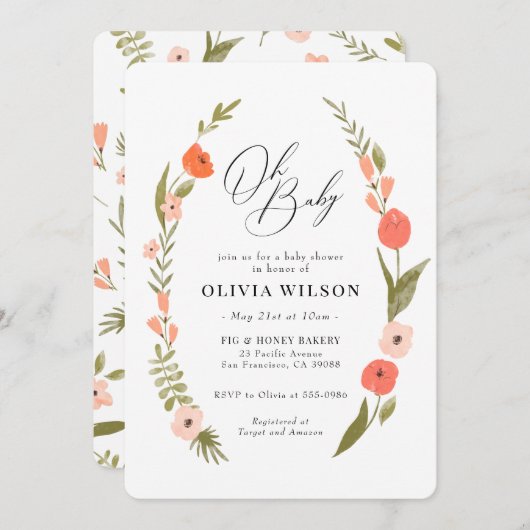 Invitation Baby shower de couronnes rose verte (Devant / Derrière)