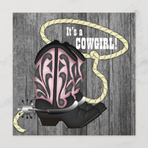 Invitation Baby shower de cowgirl en bois rose noir