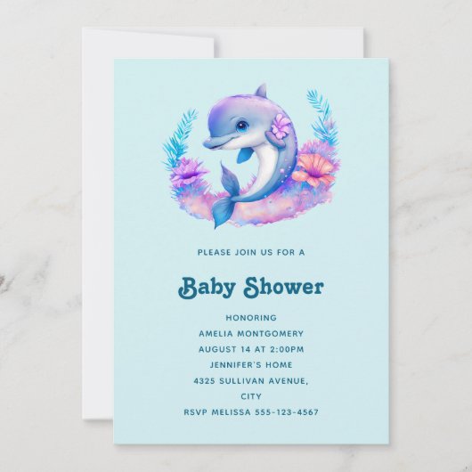 Invitation Baby shower de créature de mer dauphin mignon (Devant)