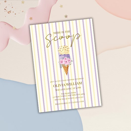 Invitation Baby shower de crème glacée jaune pourpre fleuri