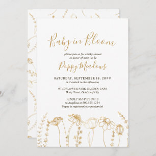 Invitation Baby shower de croquis Fleur sauvage en or en fleu