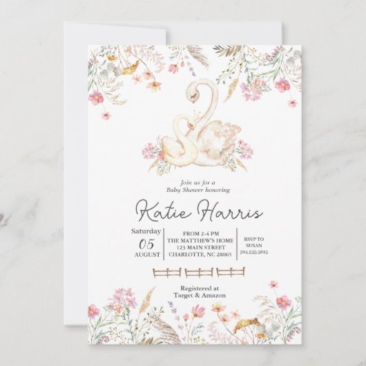 Invitation Baby shower de cygne, (Devant)