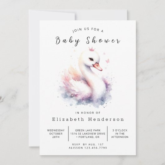 Invitation Baby shower de cygne à Printable du lac (Devant)