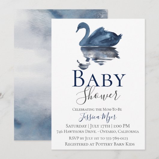 Invitation Baby shower de cygne bleu aquarelle (Devant / Derrière)