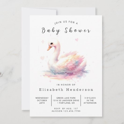 Invitation Baby shower de cygne moderne modifiable (Devant)