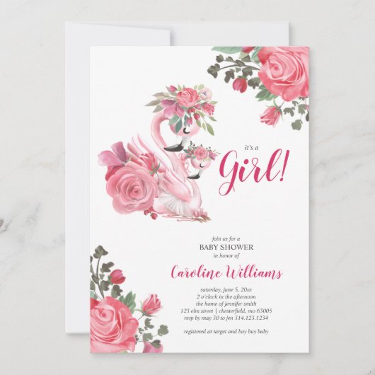 Invitation Baby shower de cygne rose (Devant)