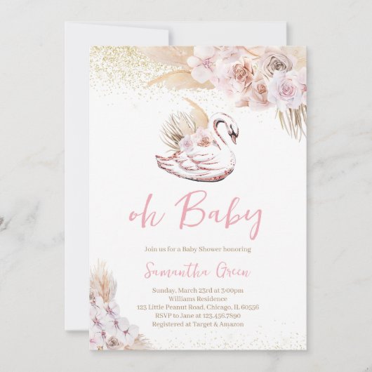 Invitation Baby shower de cygne rose Boho (Devant)