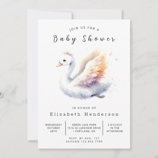 Invitation Baby shower de cygne simple modifiable (Devant)