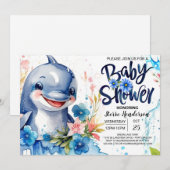 Invitation Baby shower de dauphins floraux de mer bleue (Devant / Derrière)
