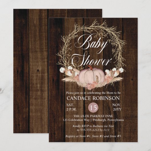 Invitation Baby shower de  de couronne de Pampas Citrouille r (Devant / Derrière)
