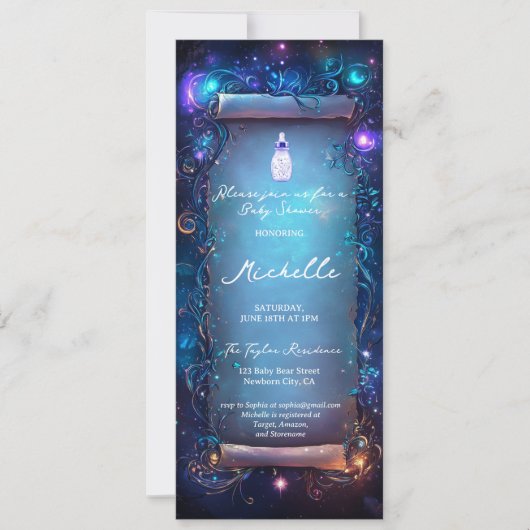 Invitation Baby shower de défilement de forêt enchantée viole (Devant)