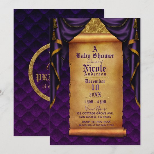 Invitation Baby shower de défilement Royal Purple & Gold Drap (Devant / Derrière)