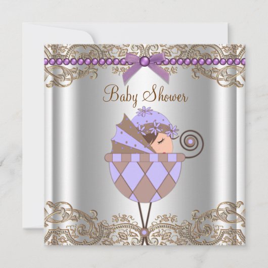 Invitation Baby shower de dentelle Brown Lavande (Devant)