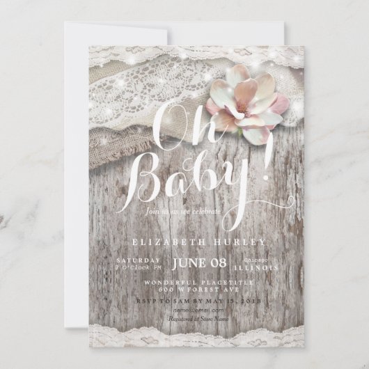 Invitation Baby shower de dentelle en bois rustique (Devant)
