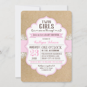Invitation Baby shower de dentelle rose en papier Kraft