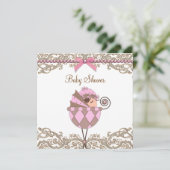 Invitation Baby shower de dentelle rose perles Brown (Debout devant)