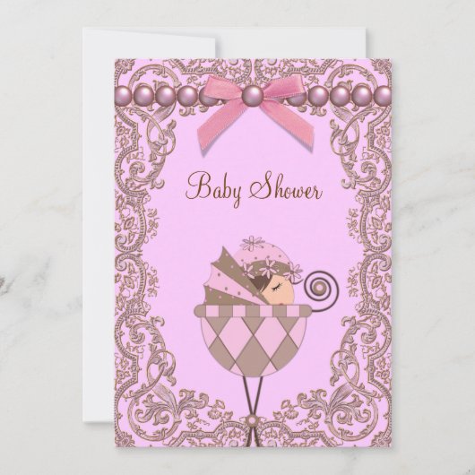 Invitation Baby shower de dentelle rose perles Brown (Devant)