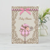 Invitation Baby shower de dentelle rose perles Brown (Debout devant)