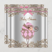 Invitation Baby shower de dentelle rose perles Brown (Devant / Derrière)