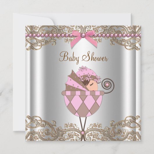 Invitation Baby shower de dentelle rose perles Brown (Devant)