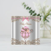 Invitation Baby shower de dentelle rose perles Brown (Debout devant)