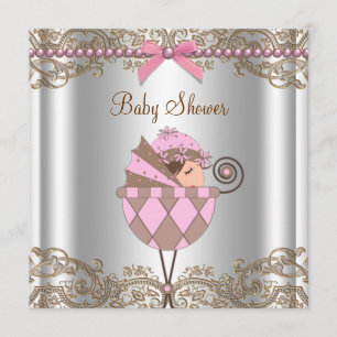 Invitation Baby shower de dentelle rose perles Brown