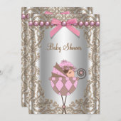Invitation Baby shower de dentelle rose perles Brown (Devant / Derrière)