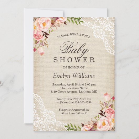 Invitation Baby shower de dentelle rose rose floral (Devant)
