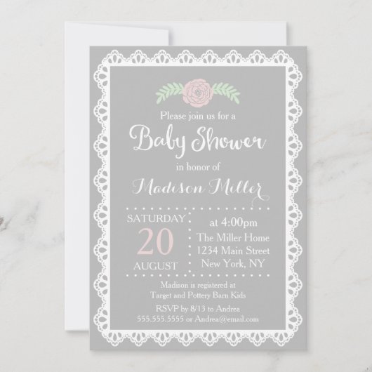 Invitation Baby shower de dentelle rose rustique et blanc (Devant)
