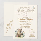 Invitation Baby shower de deux lapins et papillons (Devant / Derrière)