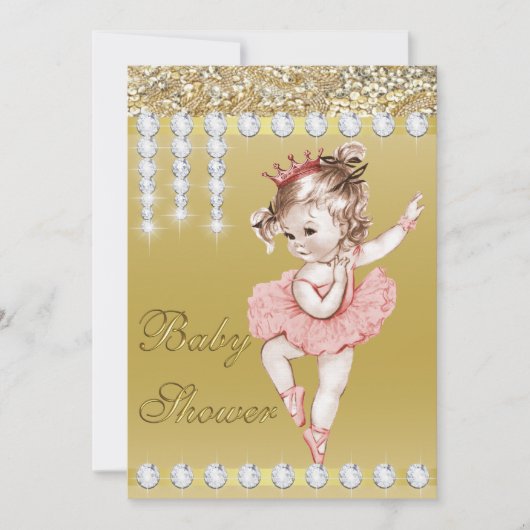 Invitation Baby shower de diamants Princess Ballerina Gold Fa (Devant)