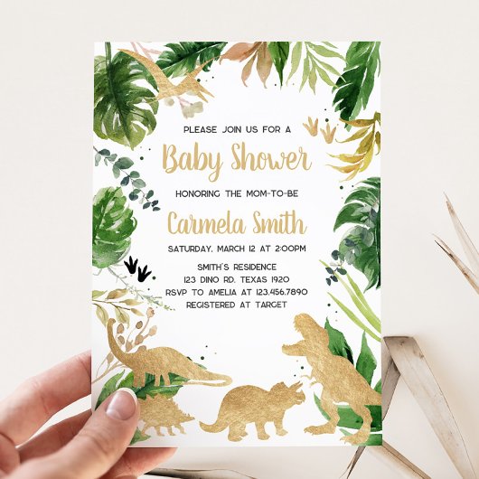 Invitation Baby shower de dinosaure d'or