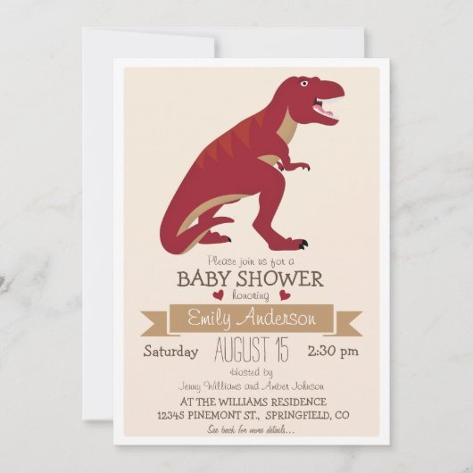 Invitation Baby shower de dinosaure rouge mignon T-Rex ou arr (Devant)