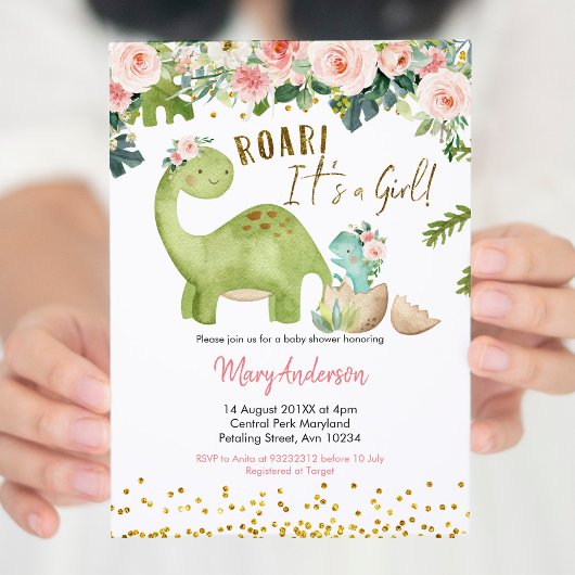 Invitation Baby shower de dinosaure tropical rose floral
