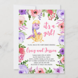 Invitation Baby shower de dinosaures florales violettes et ro