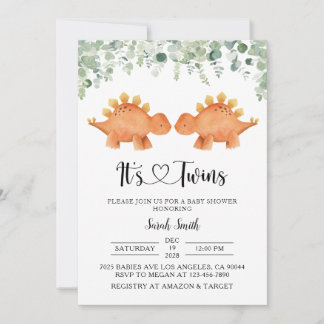 Invitation Baby shower de Dinosaures jumeaux