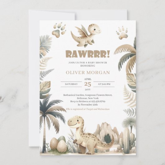 Invitation baby shower de dinosaures sans distinct (Devant)