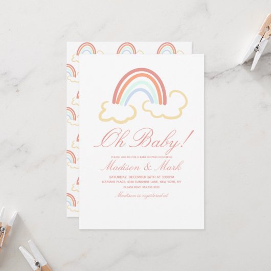 Invitation Baby shower de doodle gris arc-en-ciel (Devant/Arrière en situation)
