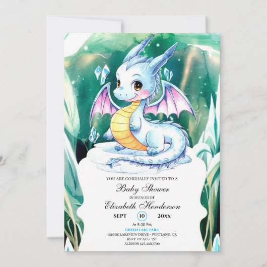Invitation Baby shower de dragon blanc mignon (Devant)