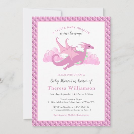 Invitation Baby shower de dragon de fille Whimsical rose (Devant)