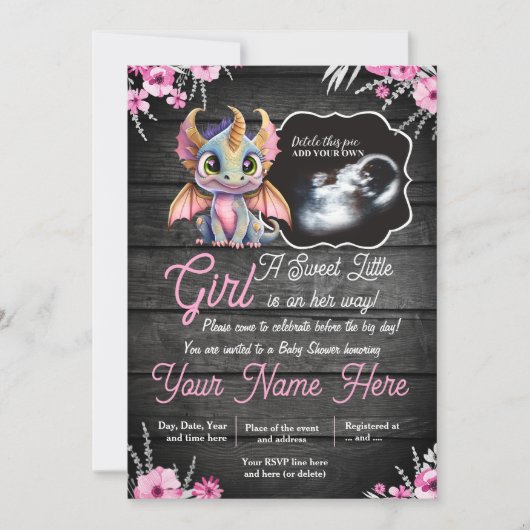 Invitation Baby shower de dragon fille Ultrasound (Devant)