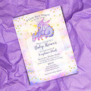 Invitation Baby shower de dragon mignon Gold Purple Girl