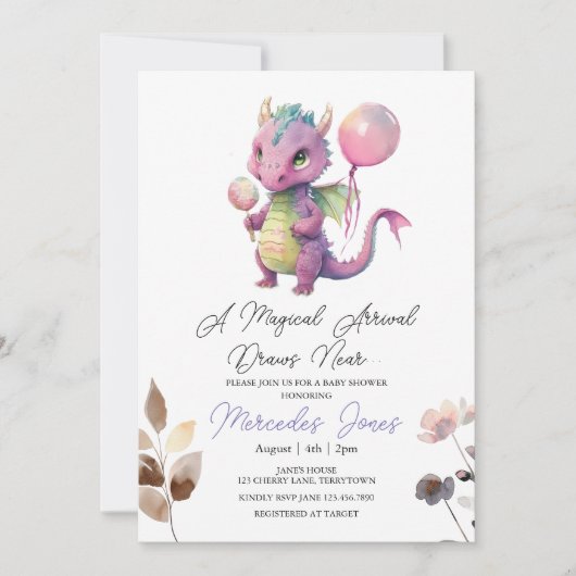 Invitation Baby shower de dragon rose d'aquarelle florale (Devant)
