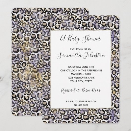 Invitation Baby shower de Empreinte de léopard d'or pourpre (Devant / Derrière)