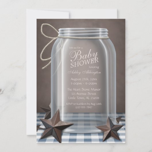 Invitation Baby shower de En vichy bleu Mason Jar Rustic Star (Devant)