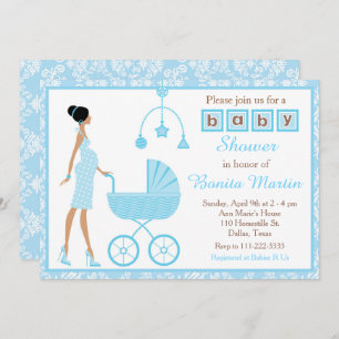 Invitation Baby shower de femme afro-américaine Blue Damask