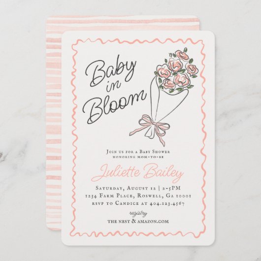 Invitation Baby shower de ferme à fleurs roses (Devant / Derrière)