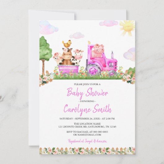 Invitation Baby shower de ferme rose (Devant)