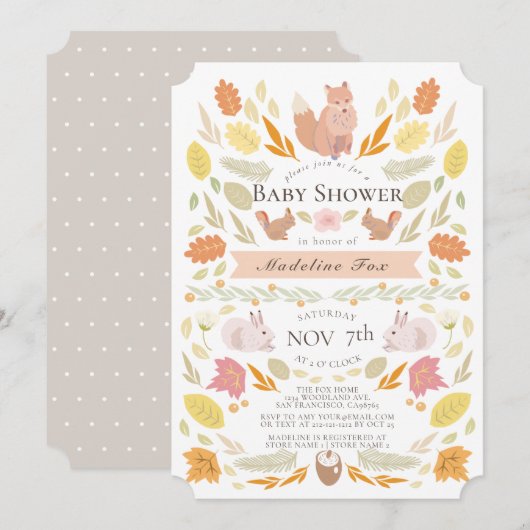 Invitation Baby shower de feuillage d'automne pour les animau (Devant / Derrière)