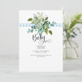 Invitation Baby shower de feuillage En vichy bleu doux Invita (Debout devant)